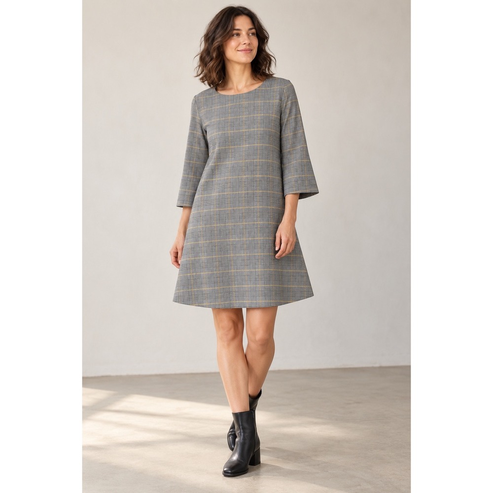 Bryn Walker Irys Carnaby Plaid A-Line Dress Yellow Black Gray Size M Made in USA